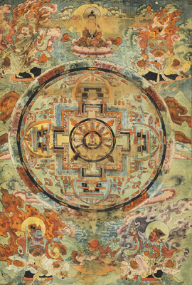 <b>Neunfaches Mandala des „Buddha des Langen Lebens“ - Amitayus. Gouache auf Seide, originale Seidensatin-Einfassung</b>