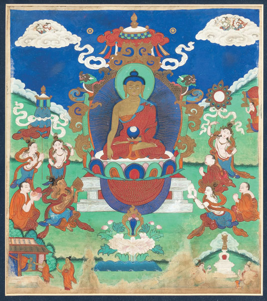 <b>Seltener Satz von sieben Malereien mit Darstellungen zum Leben von Buddha</b>