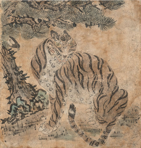<b>Anonymer Maler mit Darstellung eines Tigers und einer Elster im Schatten einer Kiefer, Tusche und Farbe auf Papier</b>