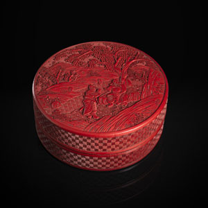 <b>Feine runde Deckeldose aus Rotlack mit Darstellung des Guanyu mit einem General unter einem Baum</b>