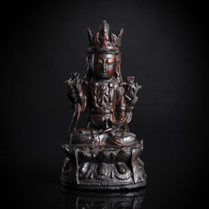 <b>Bronze des Manjushri auf einem Lotus mit Resten von Lackvergoldung</b>