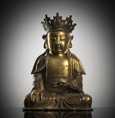 <b>Feuervergoldete Bronze des gekrönten Buddha</b>